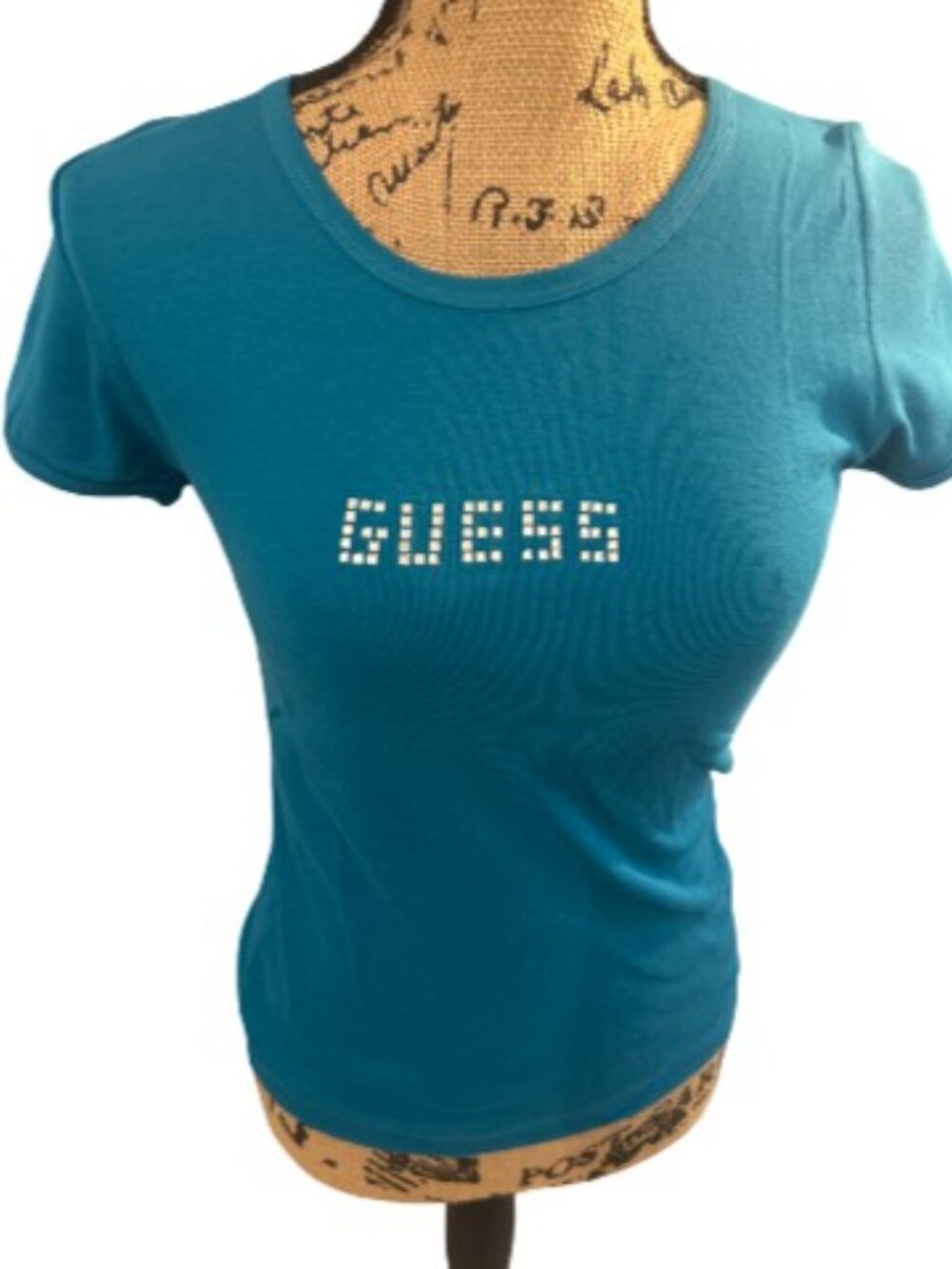 Vintage Guess Womens M/L Teal Blue Rhinestone Studded Logo Baby Tee Shirt NWT